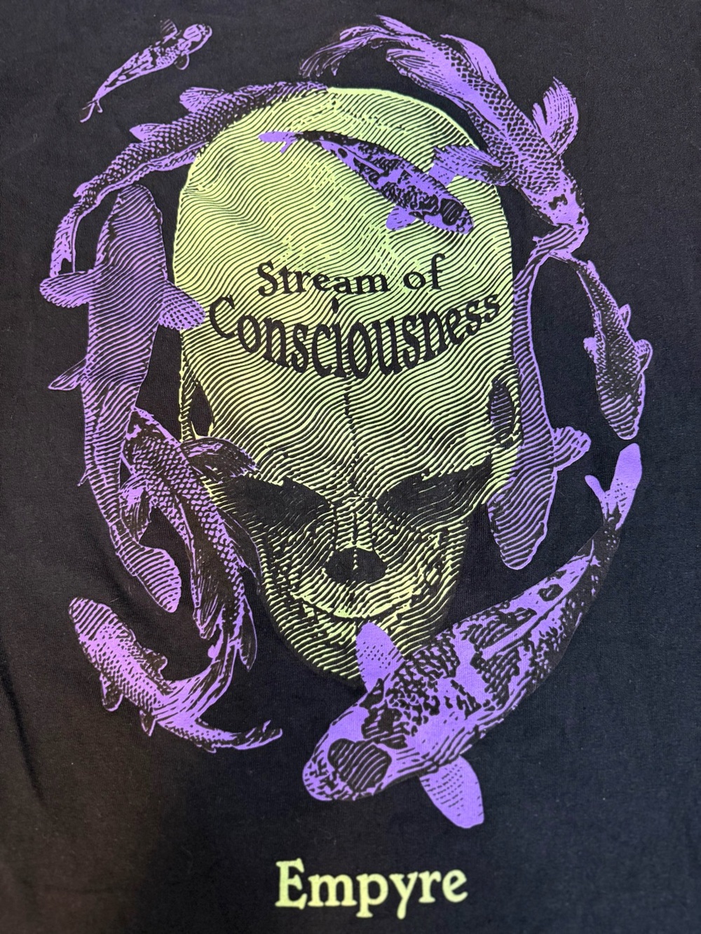 Empyre Stream of Consciousness Koi Fish Skull Graphic Tee Black Size Large